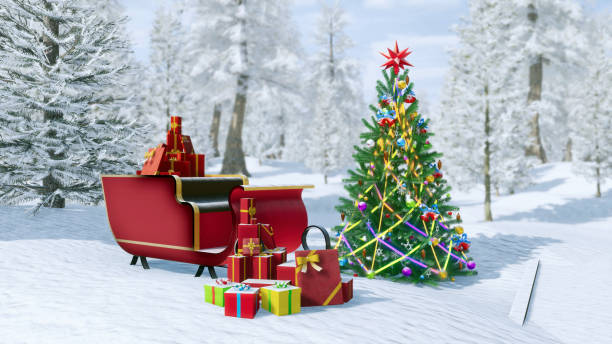 istock Decorated christmas tree and santa sleigh 895600228