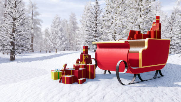 trineo de santa claus entre bosque de invierno cubierto de nieve - trineo fotografías e imágenes de stock