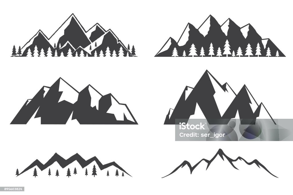 Set of mountains icons isolated on white background Set of mountains icons isolated on white background. Winter symbol for family vacation, activity or travel. For logo design, patches, seal, logo or badges. Mountains sign in flat style. Vector. Mountain stock vector