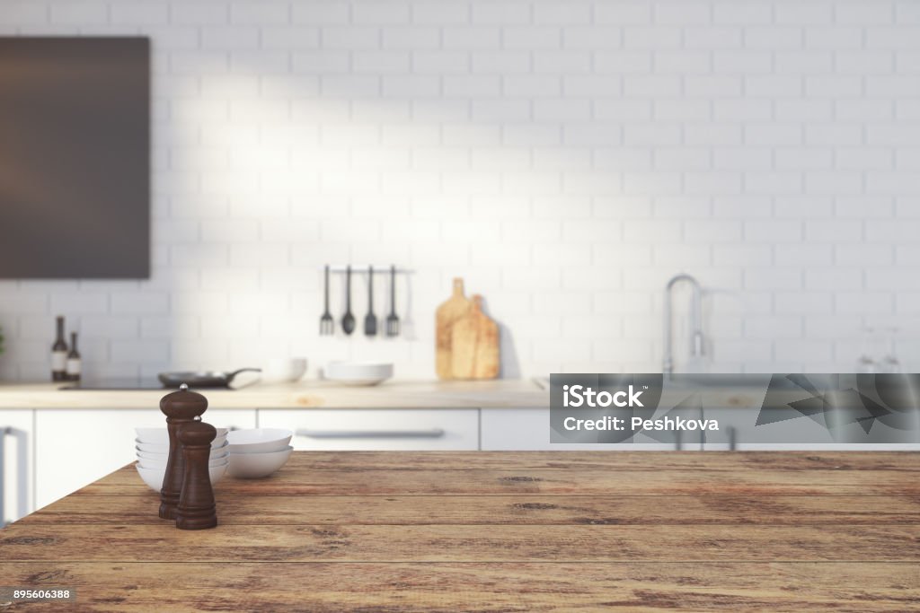 Empty wooden kitchen counter Close up of empty wooden kitchen counter on blurry interior background. Copy space, 3D Rendering Kitchen Stock Photo