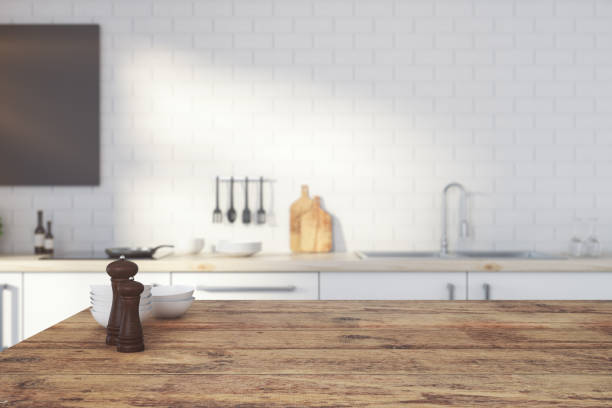 Empty wooden kitchen counter stock photo