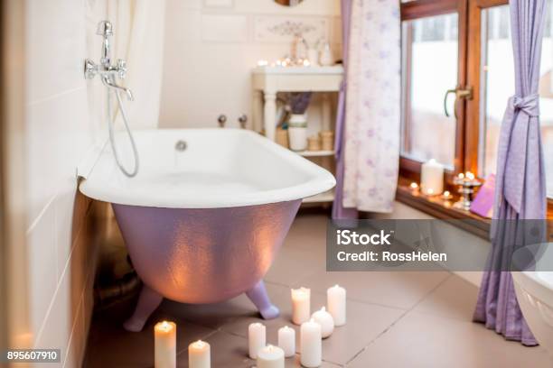 Retro Bathroom Interior Stock Photo - Download Image Now - Bathtub, Bathroom, Purple