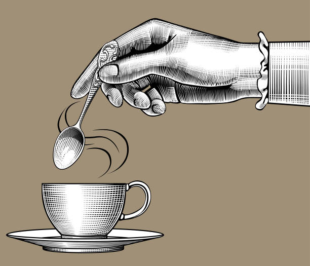 illustrazioni stock, clip art, cartoni animati e icone di tendenza di mano della donna con una tazza di caffè e un cucchiaio - coffee hand woman