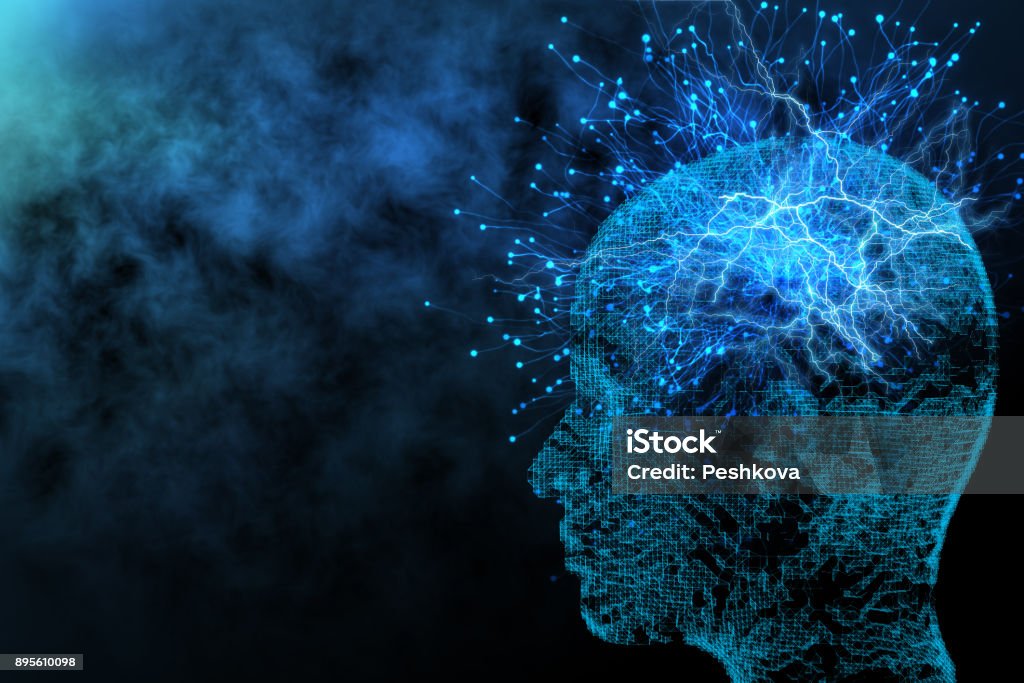 Artificial intelligence and network concept Abstract glowing polygonal head background with neurons. Artificial intelligence and network concept. 3D Rendering Artificial Intelligence Stock Photo