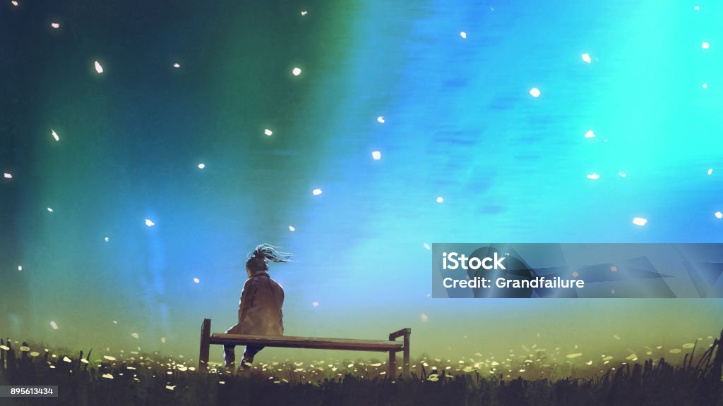 young woman sitting on a bench against the sky young woman sitting on a bench against beautiful sky, digital art style, illustration painting Loneliness stock illustration