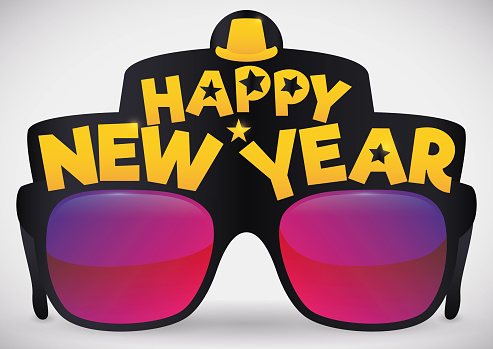 Poster with cool party glasses and greetings decorated with a hat and stars, ready to be used in New Year's Eve party.