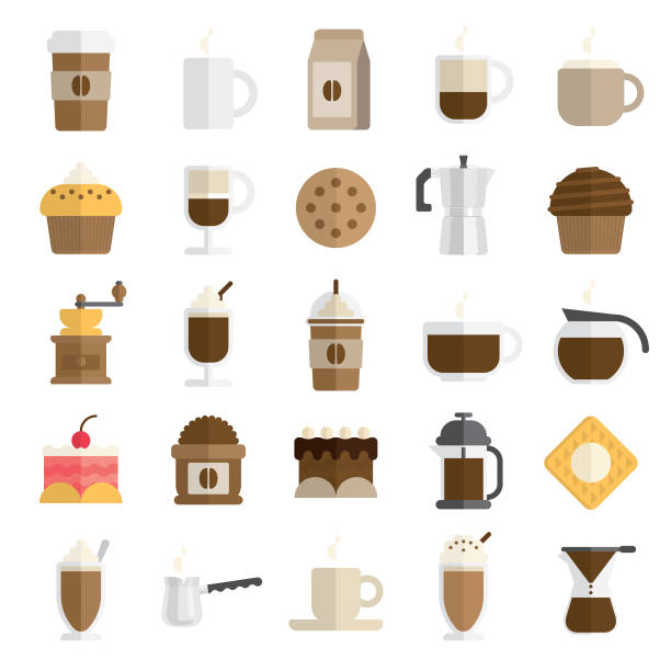평평 하 고 현대 스타일에서 카페 아이콘 설정 - coffee coffee bean coffee grinder cup stock illustrations