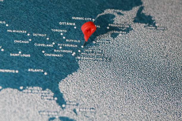 istock airplane fly on the blue felt painted map 895634208