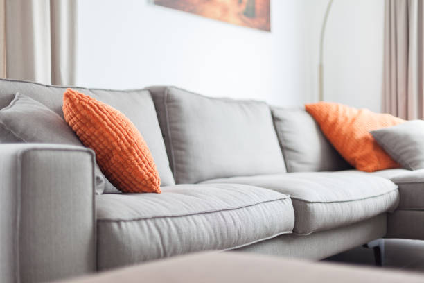 Interior decoration, including sofas and pillows, with light filtering through.