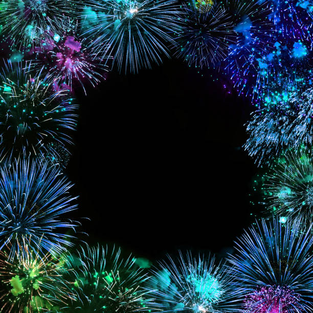 Greeting card with various colorful fireworks on black background. Multicolored Frame. Web banner. Can be used to design of holidays: Christmas, New year, anniversary, independence day, Birthday