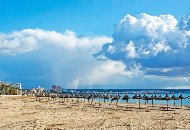 PLAYA DE PALMA, MALLORCA, SPAIN - DECEMBER 16, 2017: Parasols on winter beach on a sunny day on December 16, 2017 in Mallorca, Balearic islands, Spain