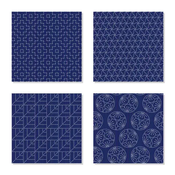 Vector illustration of Sashiko motifs. Set. Seamless abstract textures.