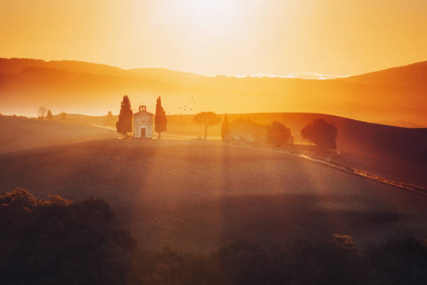 tuscany landscape at sunrise with a little chapel of madonna di vitaleta, san quirico d'orcia, italy - tuscany italy tree cypress tree imagens e fotografias de stock