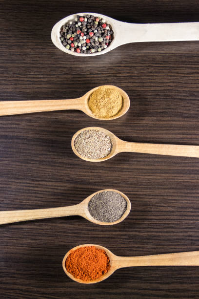 istock Assorted spices in wooden spoons on a table 895654182