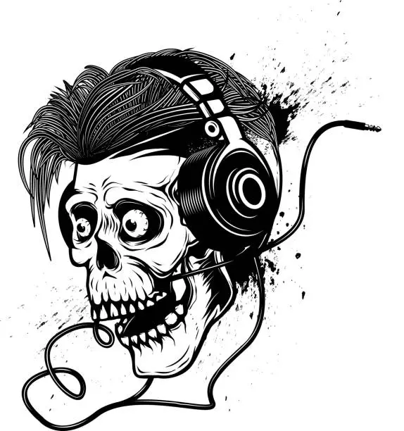 Vector illustration of Skull with headphones on grunge background. Design element for poster, emblem, t shirt.