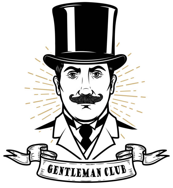 gentlemen-club. kopf des mannes in vintage hut. gestaltungselement für emblem, zeichen, plakat, etikett, label. - zylinderhut stock-grafiken, -clipart, -cartoons und -symbole