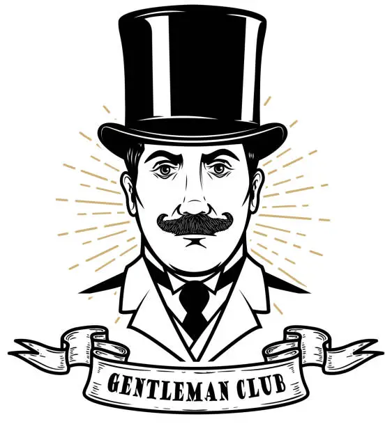 Vector illustration of Gentleman club. Man head in vintage hat. Design element for label, emblem, sign, poster, label.