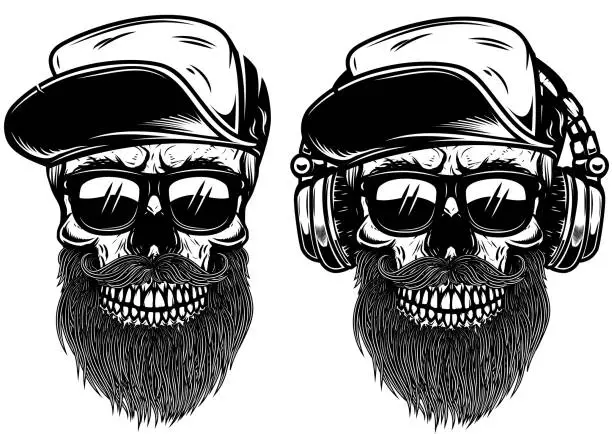 Vector illustration of Human skulls with sun glases, baseball cap and headphones. Design element for label, emblem, sign.
