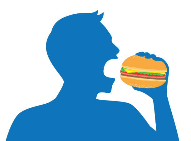 silhouette des menschen öffnen den mund für einen hamburger essen. - eating silhouette men people stock-grafiken, -clipart, -cartoons und -symbole