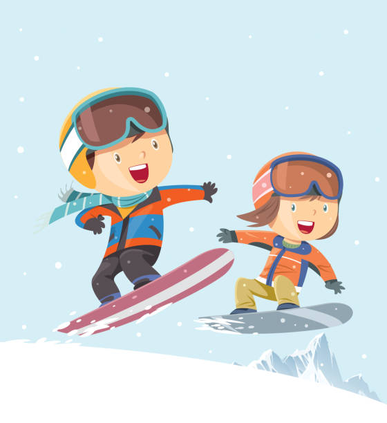 stockillustraties, clipart, cartoons en iconen met kinderen snowboarden achtergrond - skivakantie