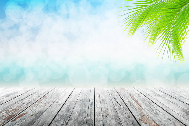istock old wood table top on blurred beach background. 895677868