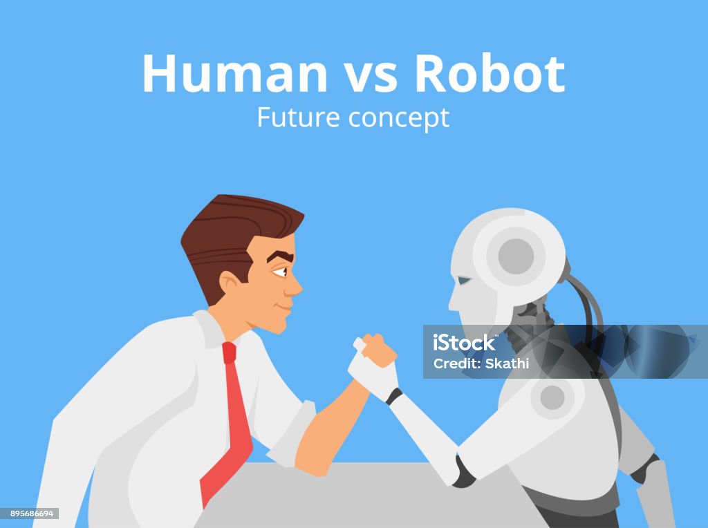 template Vector cartoon style illustration of human businessman vs robot confrontation arm wrestling. Modern technology concept. Blue background. Arm Wrestling stock vector