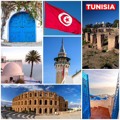 Photo mosaic of touristic values of Tunisia; traditional doors, national flag, Carthage, Sidi Bou Said, Zaytouna Mosque and El Jem.