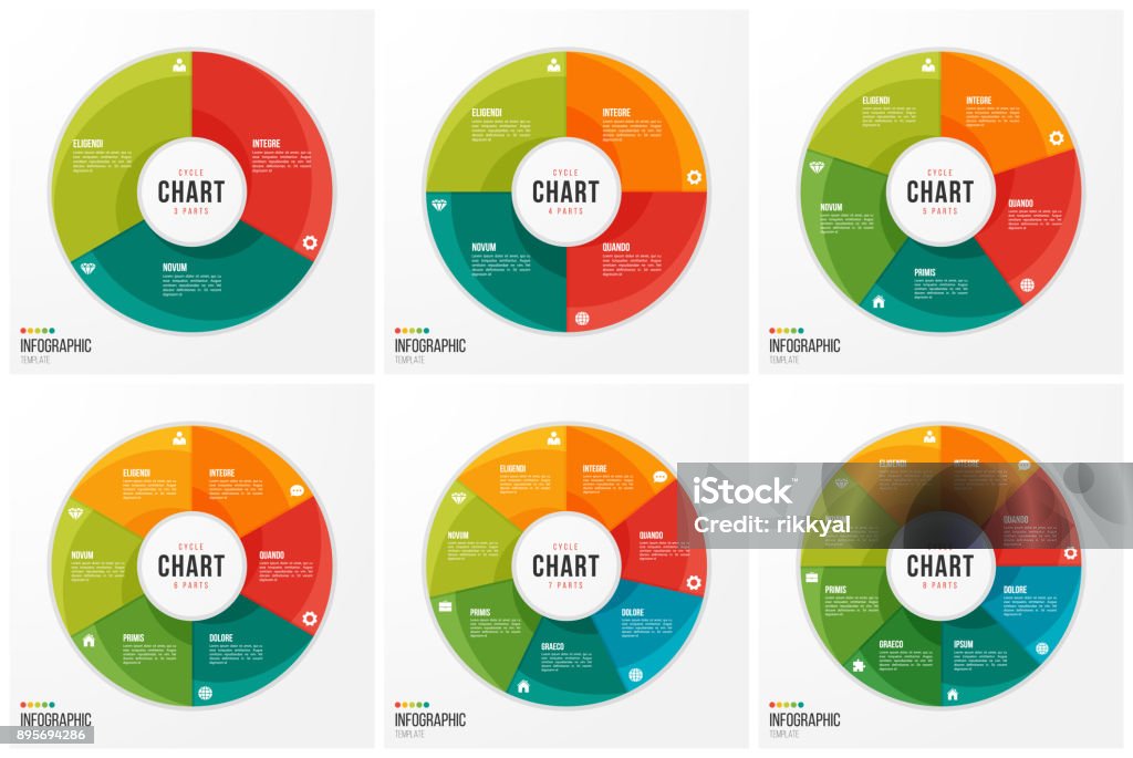 Modelli infografici della tabella ciclabile con 3 4 5 6 7 8 parti, opzioni, passaggi - arte vettoriale royalty-free di Diagramma a settori