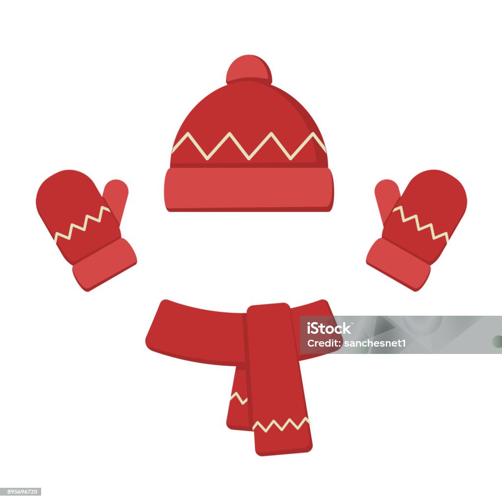 Winter clothes set. Winter clothes set. Red hat, scarf and mittens. Isolated vector illustration on white background. Scarf stock vector