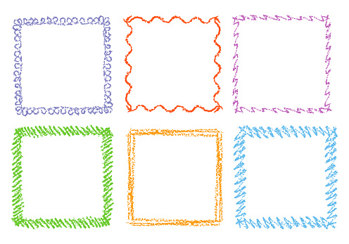 Crayon hand drawing square frames. Set of colorful rectangular ornate design element chalk or pencil like kid`s drawn style.