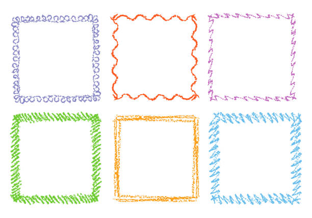 Crayon hand drawing square frames. Set of colorful rectangular ornate design element chalk or pencil like kid`s drawn style. Vector art strokes lines banner border, template, copy space background. crayon stock illustrations