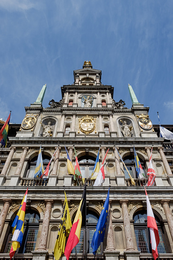 Flags on the town hall of Antwerp, Friday 21 July 2017, Antwerp, Belgium.