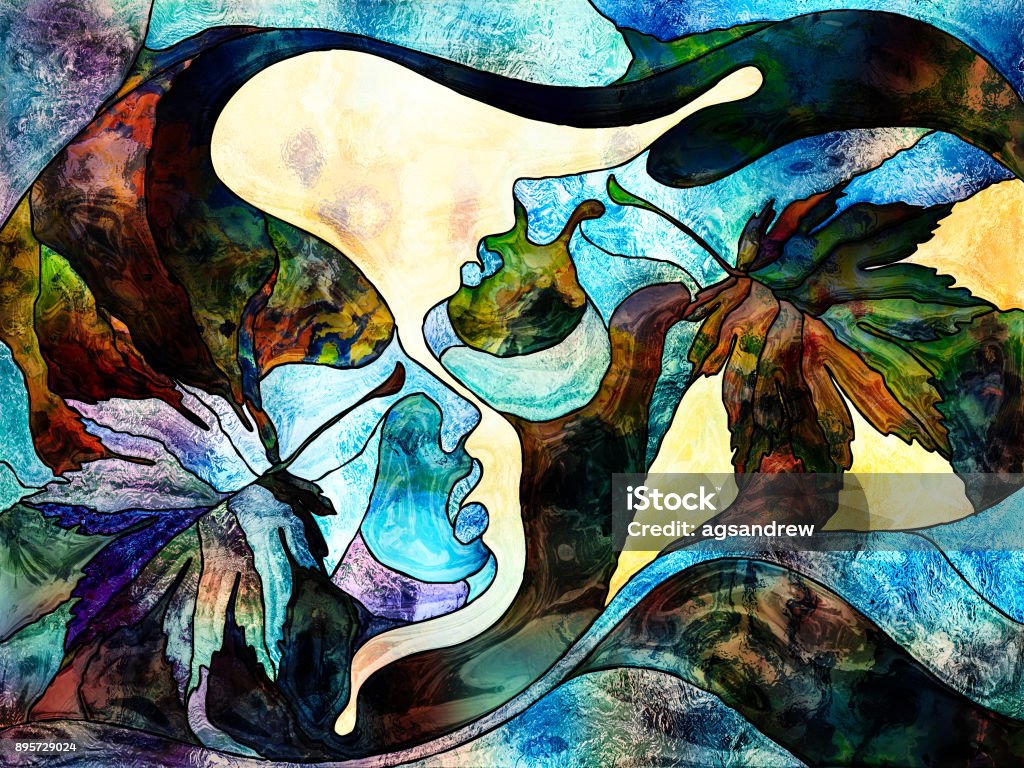 Autumn Love Stained Glass Forever series. Human profiles with autumn leaves drawn with organic patterns on the subject of love, relationships and Unity with Nature. Human Face stock illustration