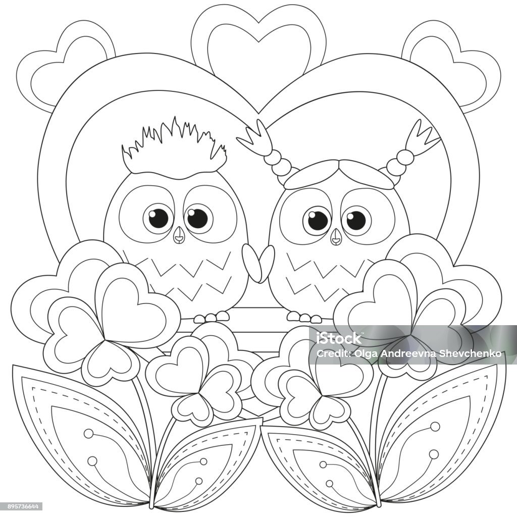 Valentine day black and white poster with an owl couple. Valentine day black and white poster with an owl couple. Coloring book page for adults and kids. Romantic vector illustration for gift card, flyer, certificate or banner Coloring Book Page - Illlustration Technique stock vector