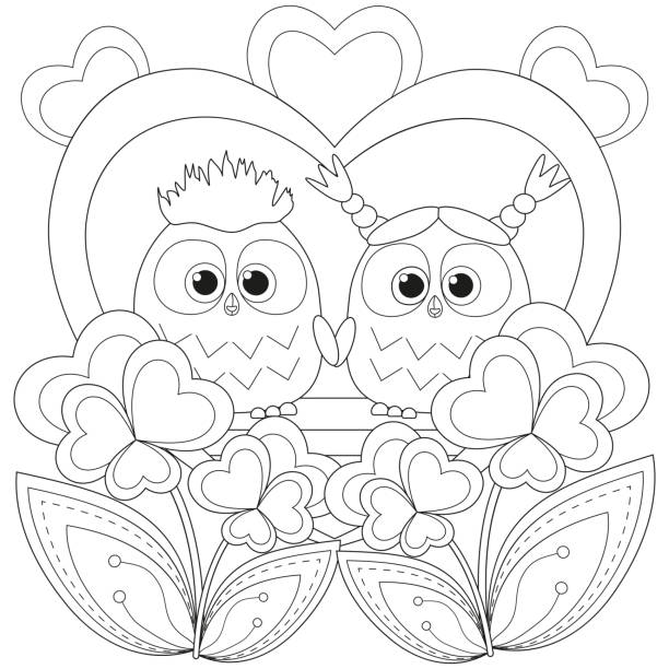 Valentine day black and white poster with an owl couple. Valentine day black and white poster with an owl couple. Coloring book page for adults and kids. Romantic vector illustration for gift card, flyer, certificate or banner happy valentines day book stock illustrations