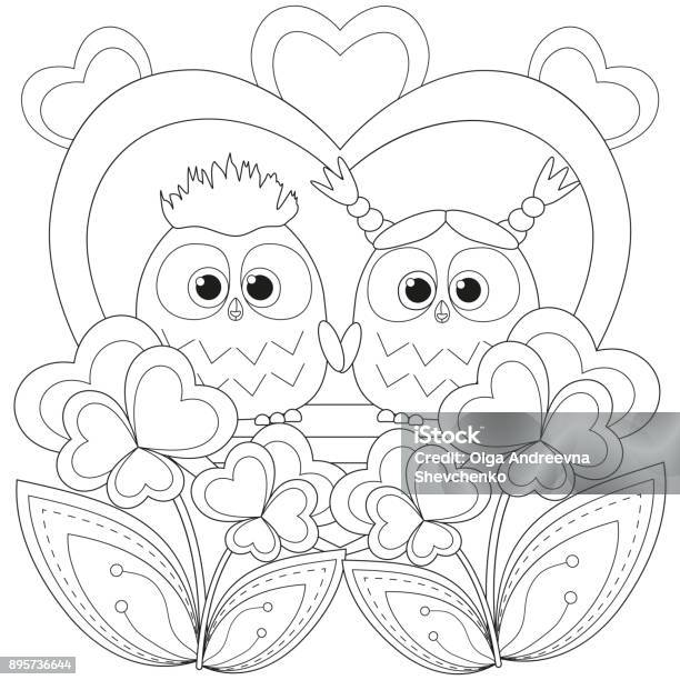 Valentine Day Black And White Poster With An Owl Couple Stock Illustration - Download Image Now