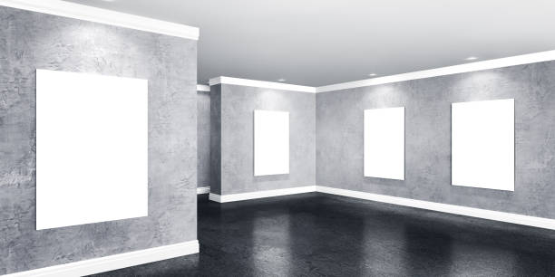 istock Modern concrete gallery room with posters on walls 895744016