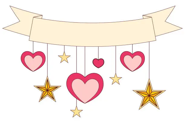 Vector illustration of Ribbon, hearts and stars on colorfull poster.