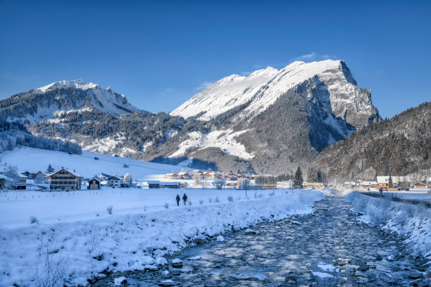 piękny zimowy krajobraz z ośnieżonymi drzewami i górami - ski resort village austria winter zdjęcia i obrazy z banku zdjęć