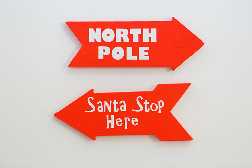 Santa and North pole red wooden sign pointers on white background.