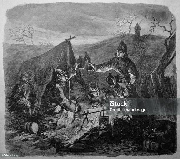 Five Prussian Soldiers Are Warmed By The Campfire Taking Out A Salute On The Battlefield Illustration 1896 Five Prussian Soldiers Are Warmed By The Campfire Taking Out A Salute On The Battlefield Translated With Wwwdeeplcomtranslator Stock Illustration - Download Image Now