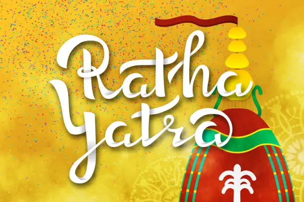 Vector illustration of Vector isolated handwritten lettering Ratha Yatra on white background. Vector calligraphy for greeting card, decoration and covering. Concept of Happy Chariot Festival.