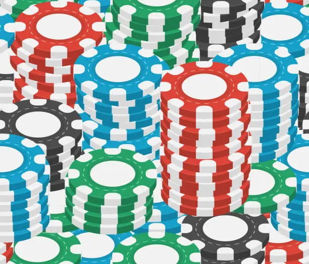 Vector illustration of Vector cartoon seamless pattern with isometric casino chips for gift wrapping paper, covering and branding on the white background. Concept of gambling and game of chance.