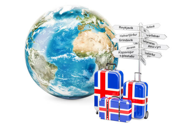 istock Iceland travel concept. Suitcases with signpost and Earth Globe, 3D rendering. 895813006