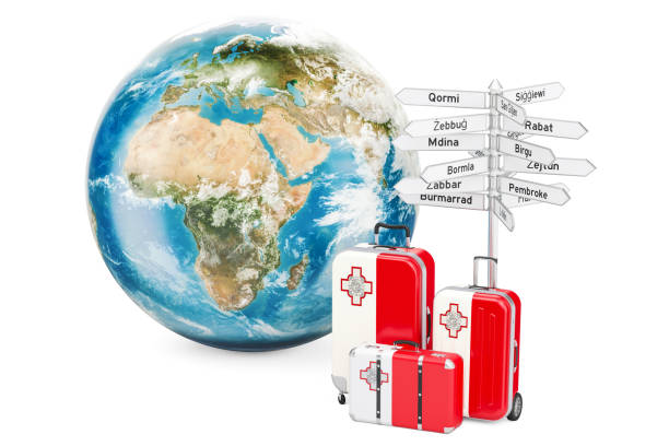 istock Malta travel concept. Suitcases with signpost and Earth Globe, 3D rendering 895813076