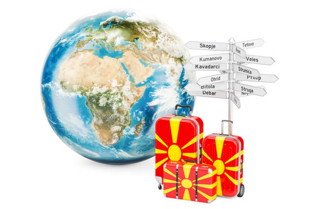 istock Macedonia travel concept. Suitcases with signpost and Earth Globe, 3D rendering 895813090