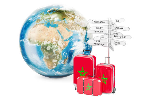 istock Morocco travel concept. Suitcases with signpost and Earth Globe, 3D rendering 895813354