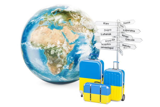 istock Ukraine travel concept. Suitcases with signpost and Earth Globe, 3D rendering. 895813520