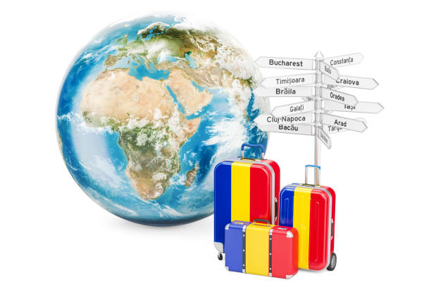 istock Romania travel concept. Suitcases with signpost and Earth Globe, 3D rendering 895813554