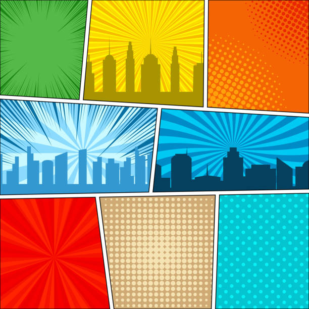 Comic book page background Comic book page background with night city silhouettes, radial, rays, halftone and dotted effects in pop-art style. Vector illustration colorful page borders stock illustrations